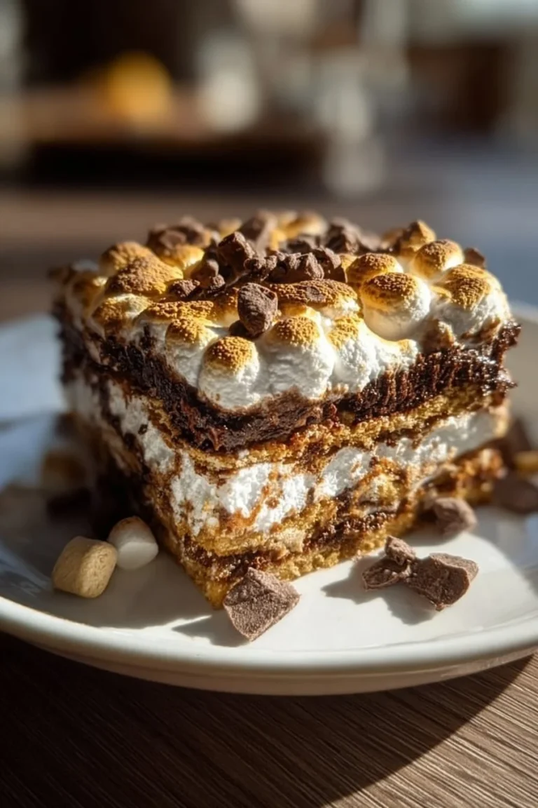 Delectable S'mores Lasagna with layers of chocolate, marshmallows, and graham crackers.