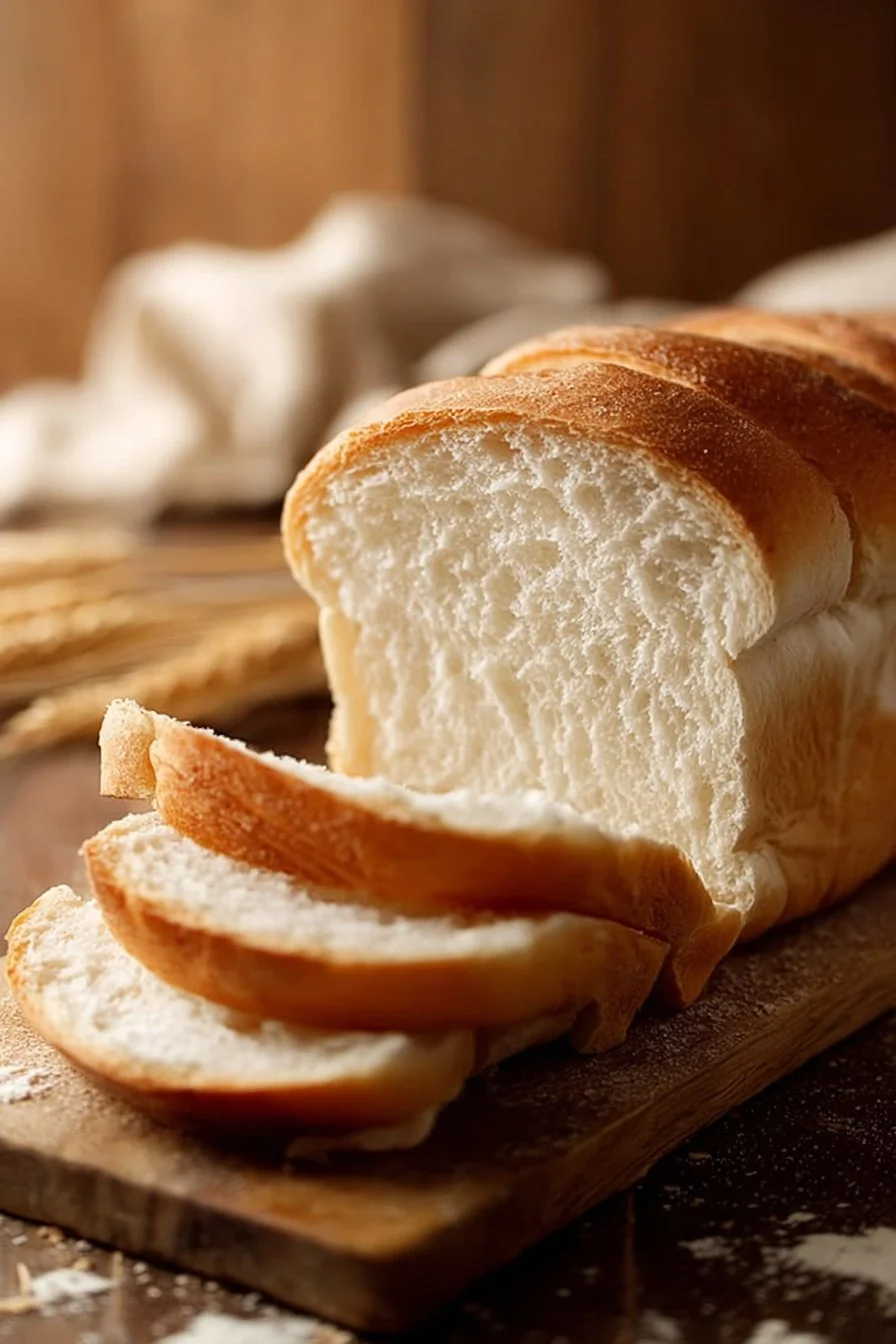 A loaf of soft sourdough sandwich bread on a wooden cutting board.