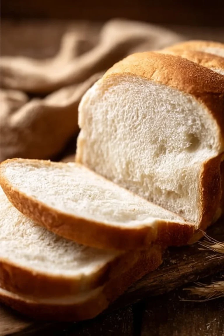 Freshly baked soft sourdough sandwich bread loaf on a wooden cutting board.