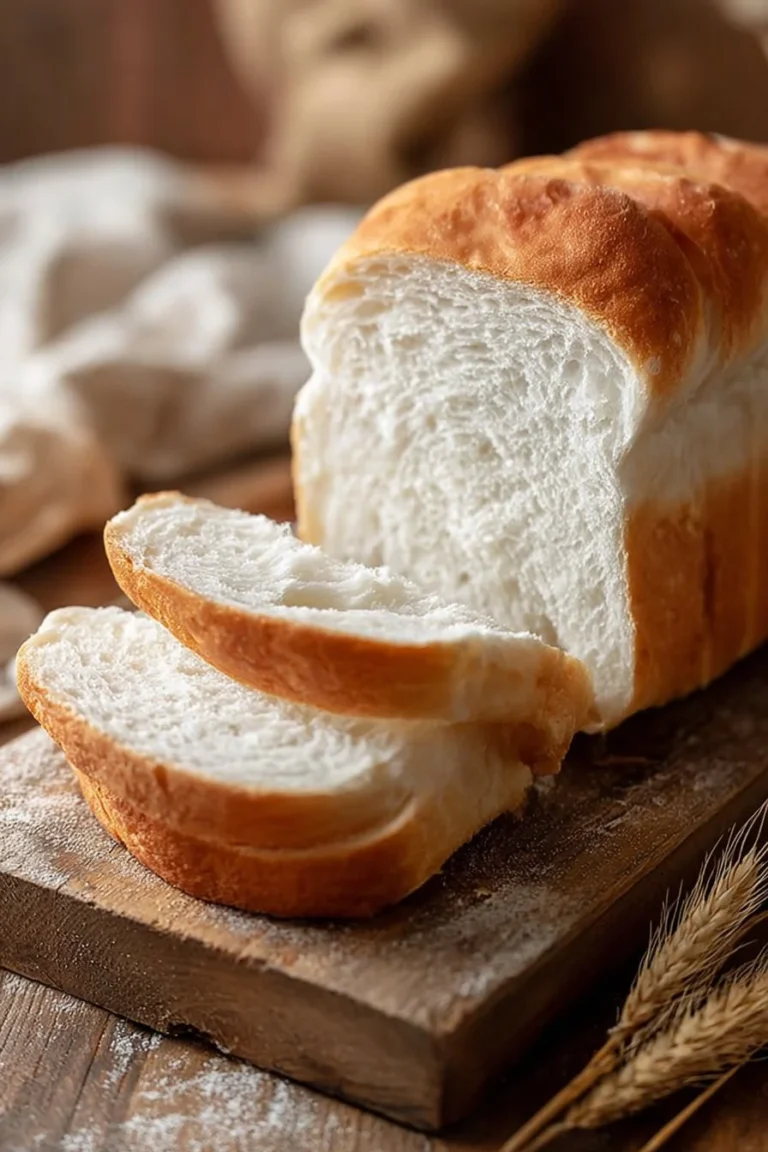 Loaf of soft sourdough sandwich bread sliced on a wooden cutting board