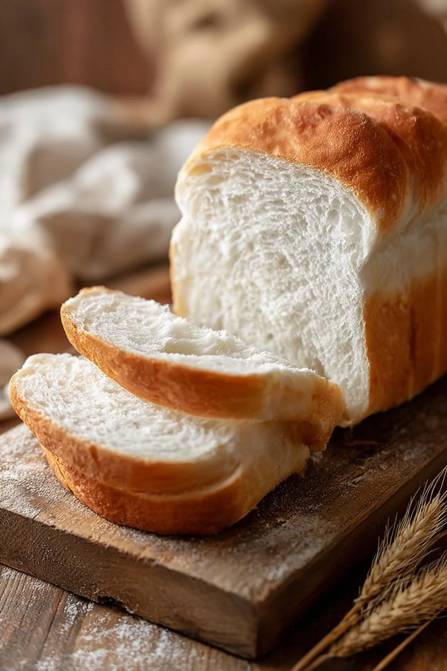 Loaf of soft sourdough sandwich bread sliced on a wooden cutting board