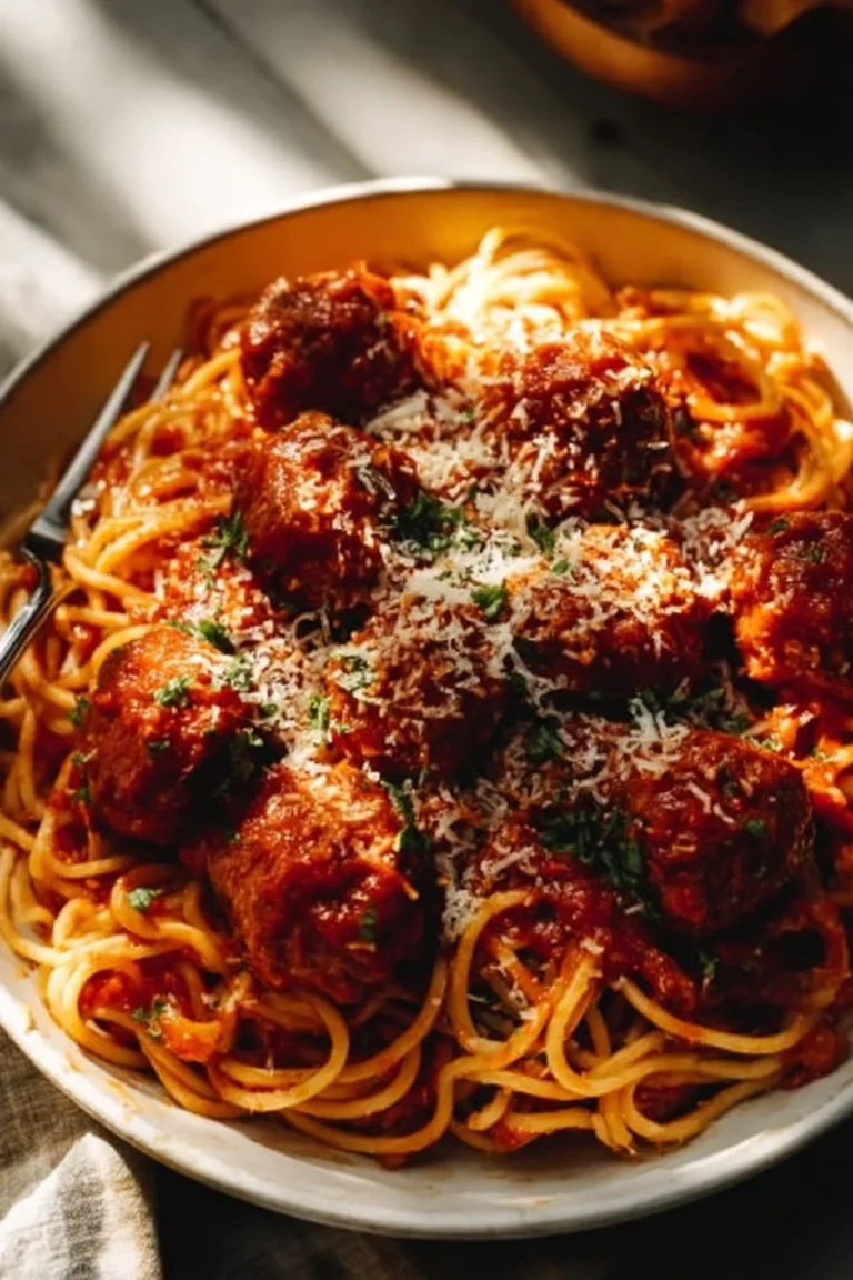 Delicious plate of spaghetti and meatballs with marinara sauce and basil garnish