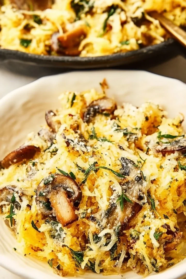 Spaghetti squash topped with goat cheese and mushrooms on a plate