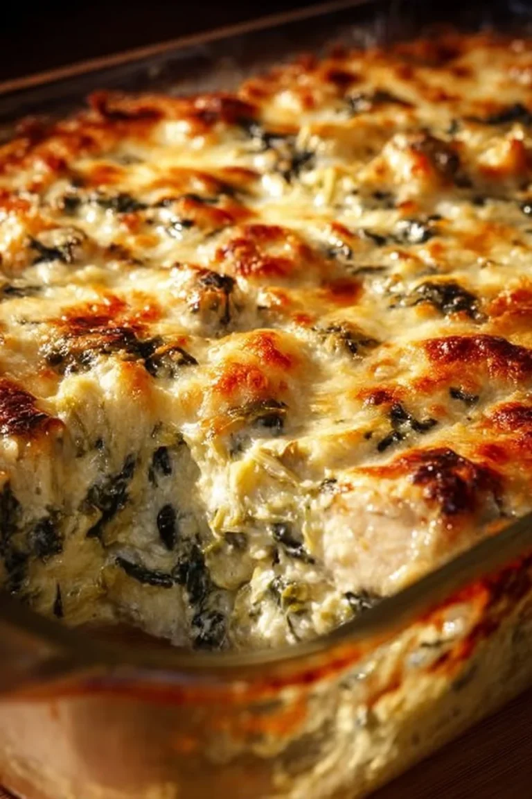 Spinach and Artichoke Chicken Casserole served in a baking dish
