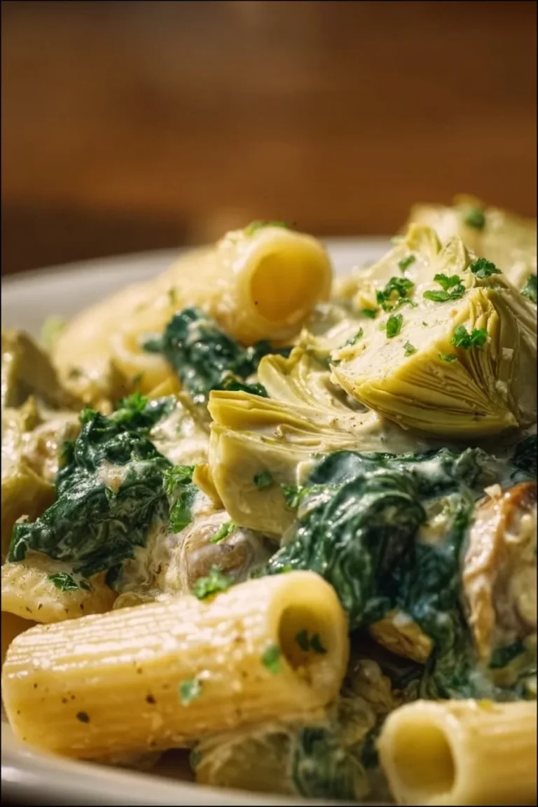 Creamy Spinach Artichoke Pasta garnished with fresh herbs and cheese