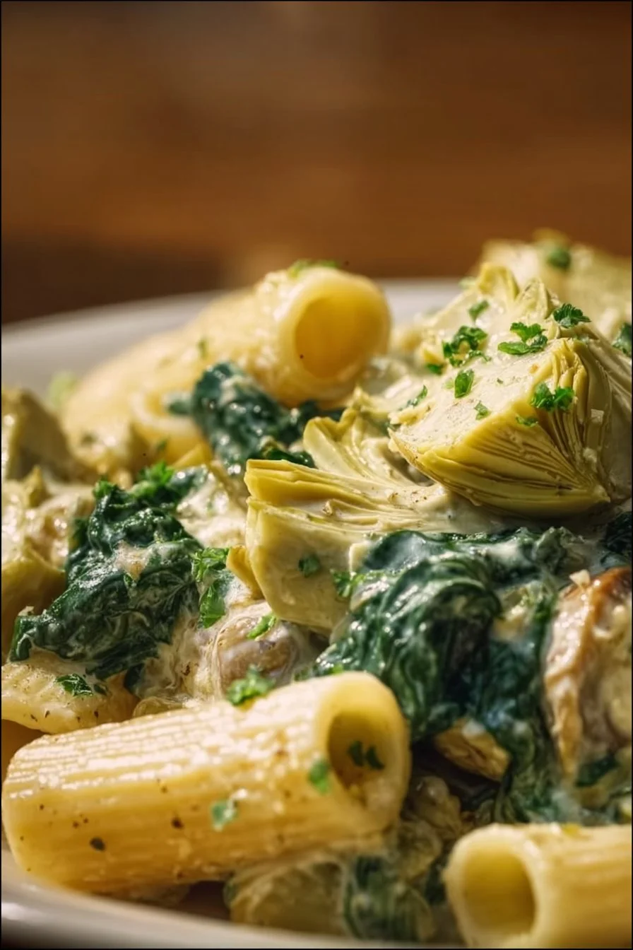 Creamy Spinach Artichoke Pasta garnished with fresh herbs and cheese