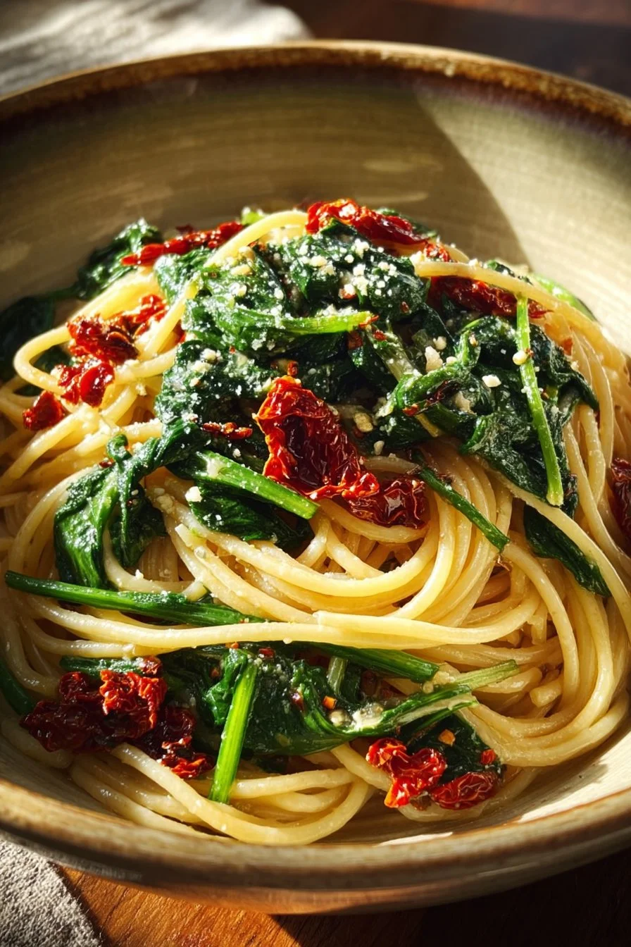 Plate of Spinach Sun-Dried Tomato Pasta garnished with basil and cheese