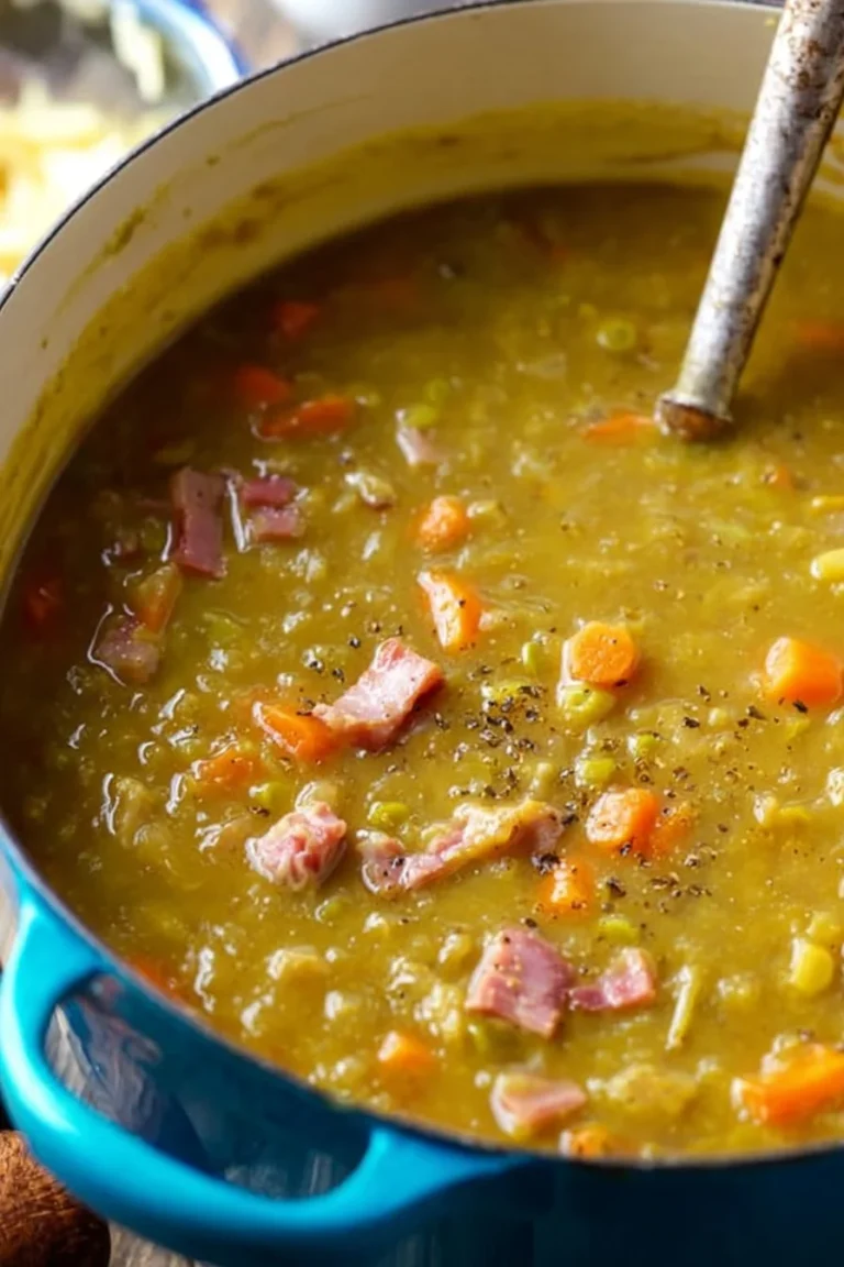Bowl of split pea soup with ham garnished with herbs on a wooden table