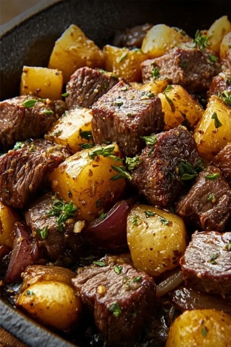 Delicious steak and potato skillet dinner ready to serve