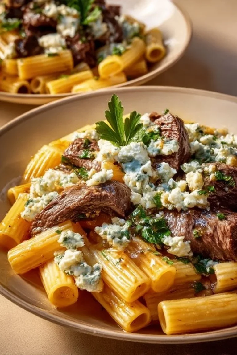 Delicious Steak Blue Cheese Rigatoni dish garnished with herbs