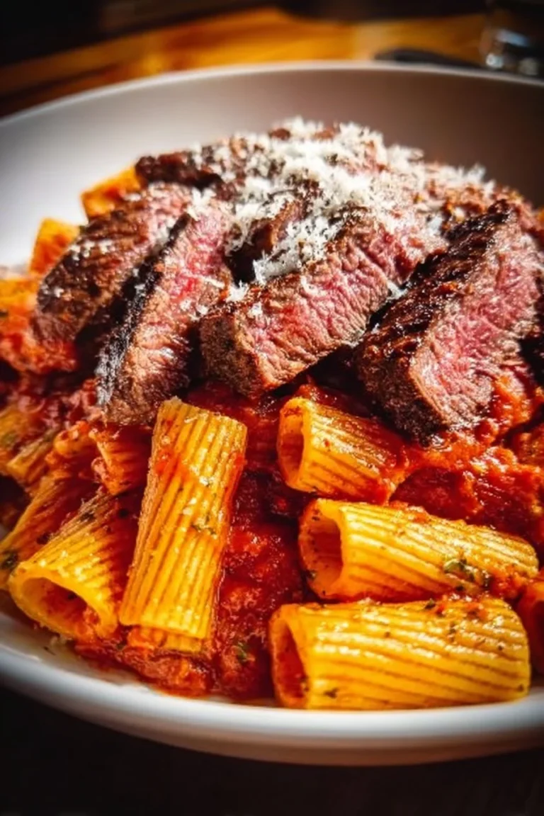 Delicious plate of steak rigatoni with tender beef and rich sauce