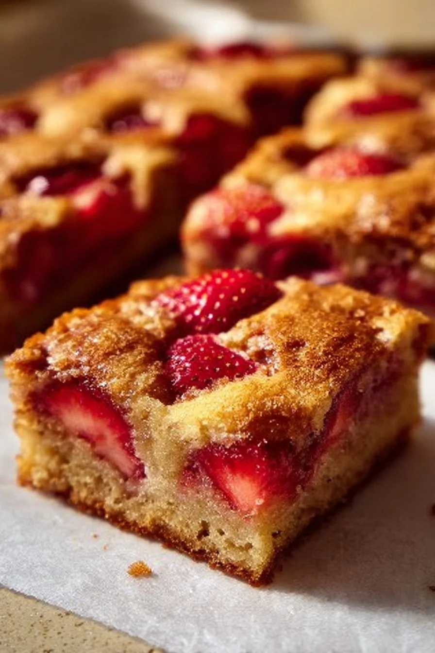 Delicious strawberry blondies with a chewy texture and fresh strawberries.