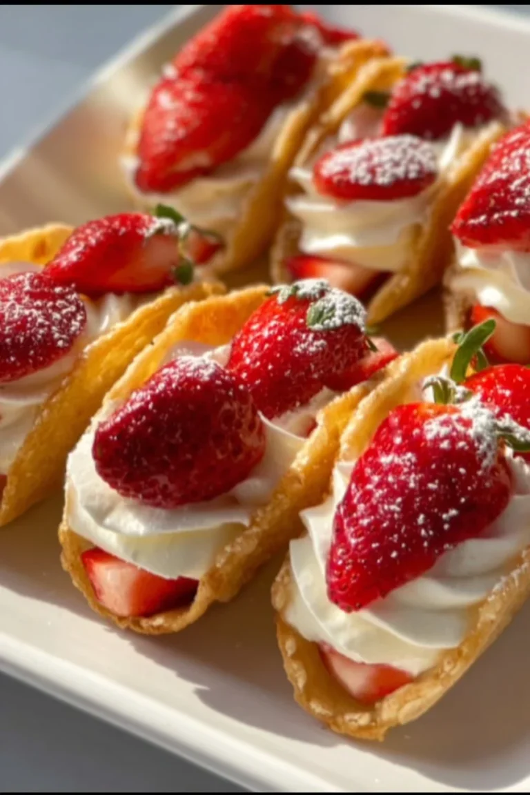 Strawberry Cake Taco topped with fresh strawberries and whipped cream