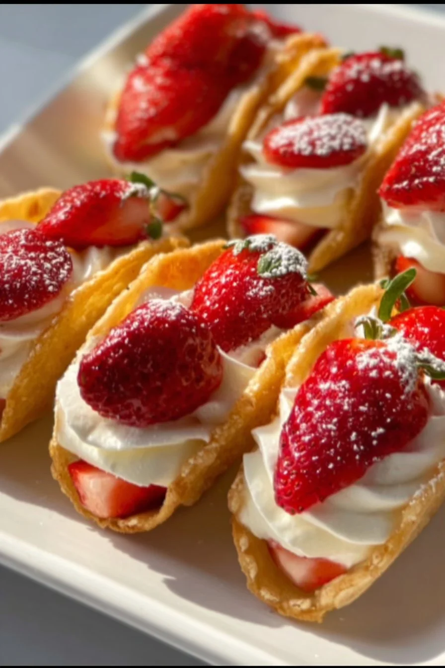 Strawberry Cake Taco topped with fresh strawberries and whipped cream