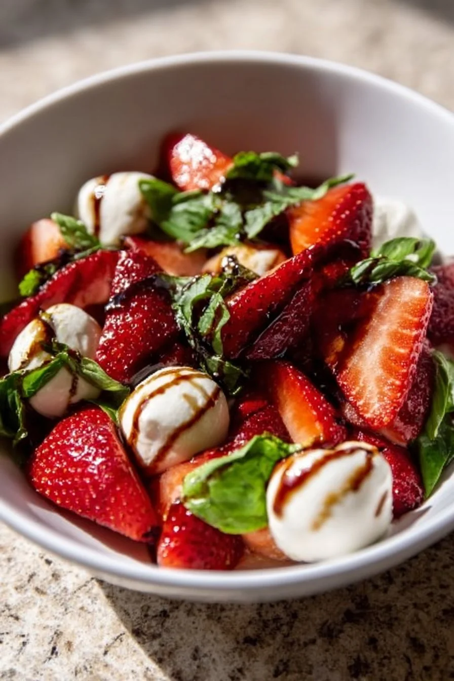 Fresh Strawberry Caprese Salad with mozzarella and basil on a plate