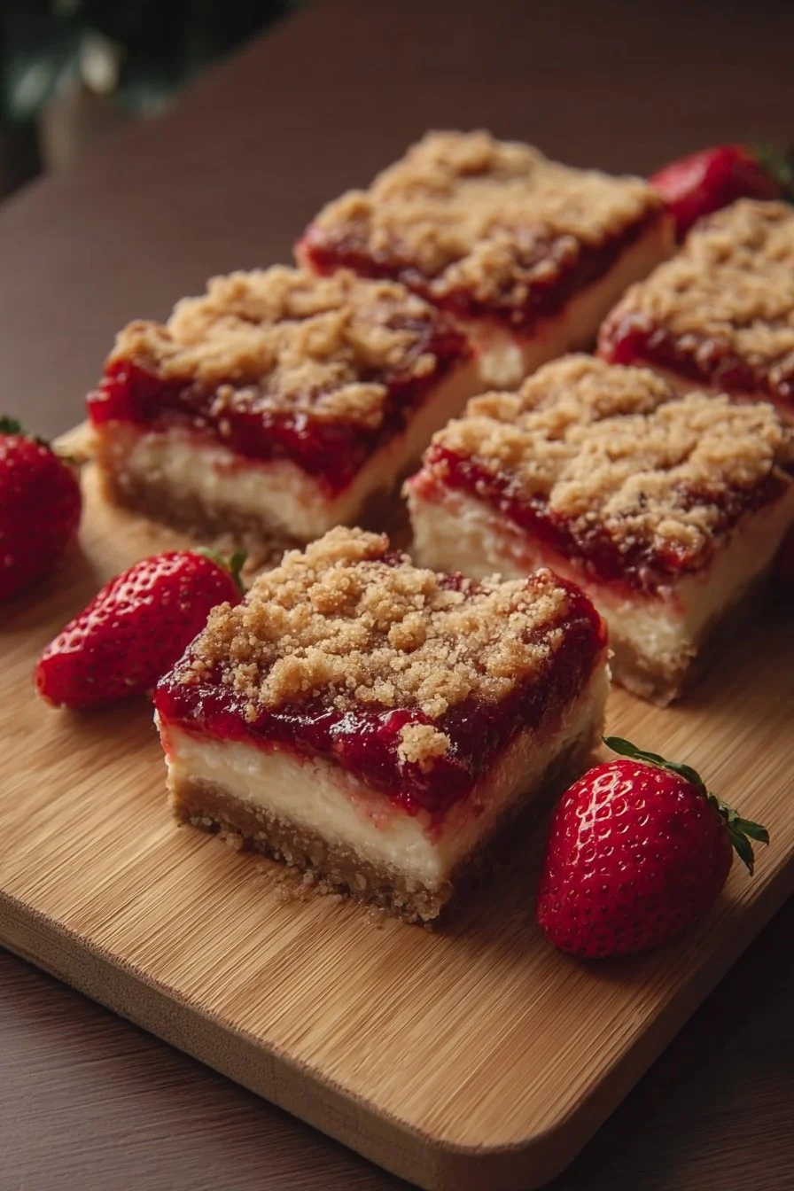 Delicious strawberry cheesecake bars topped with fresh strawberries and creamy filling.
