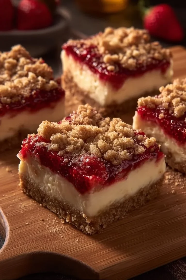 Delicious homemade strawberry cheesecake bars on a plate.