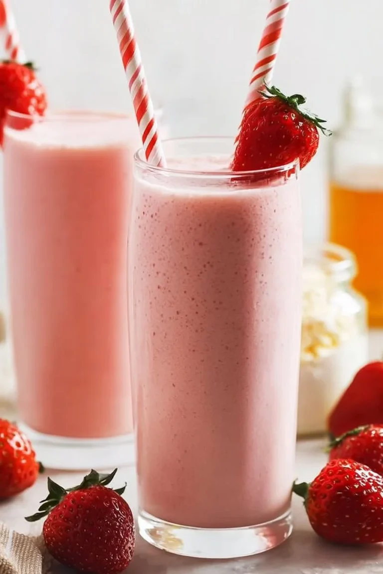 Strawberry cottage cheese smoothie in a glass with fresh strawberries