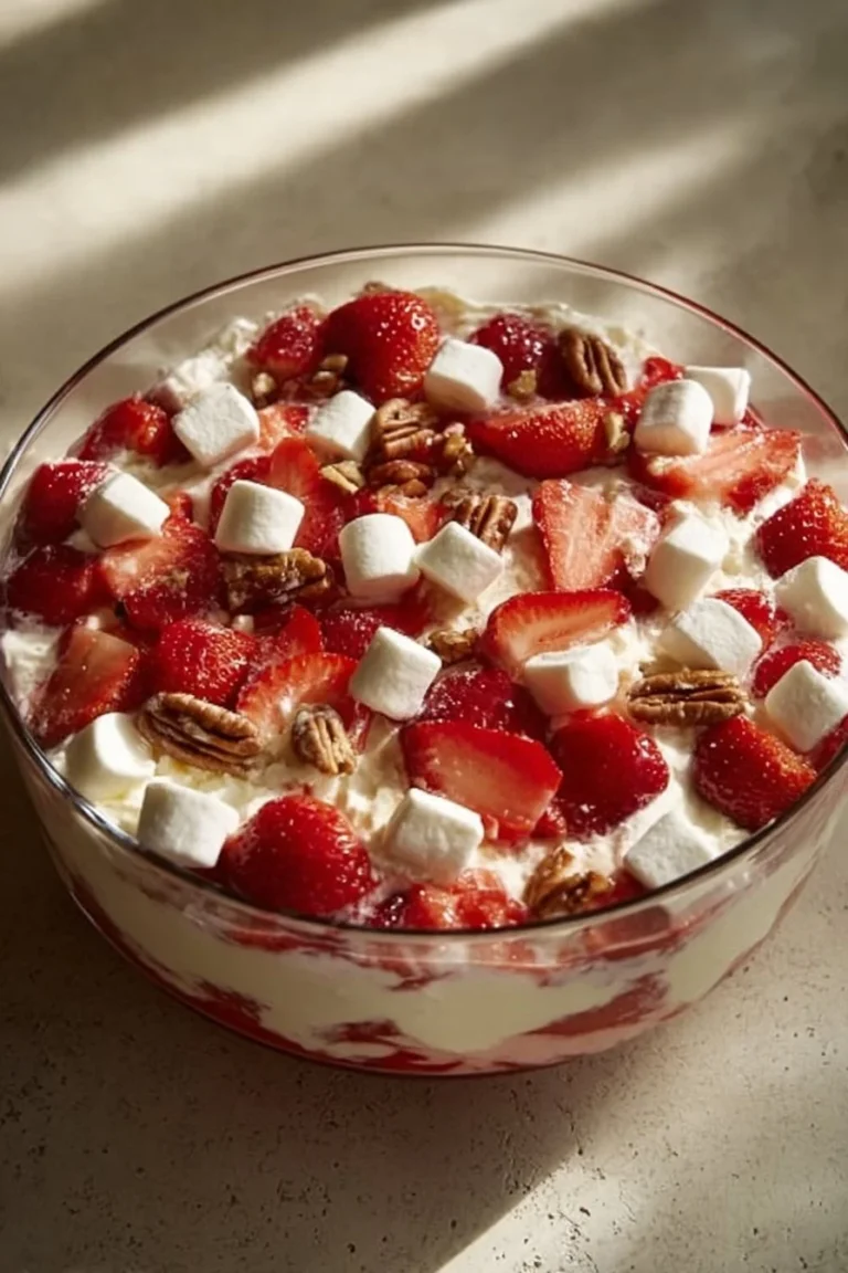 A vibrant bowl of Strawberry Crack Salad with fresh strawberries and toppings.