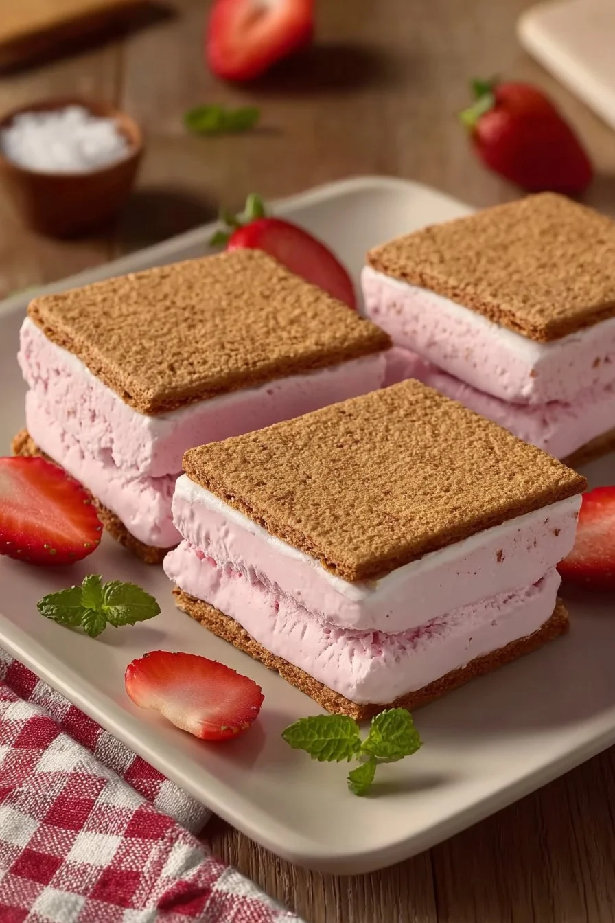 Delicious strawberry ice cream sandwiches served on a sunny picnic table.