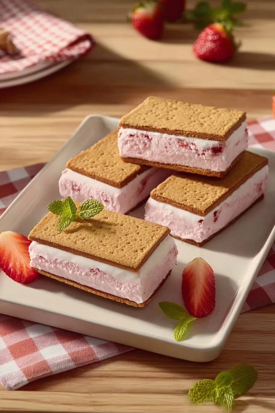 Delicious strawberry ice cream sandwiches served on a plate