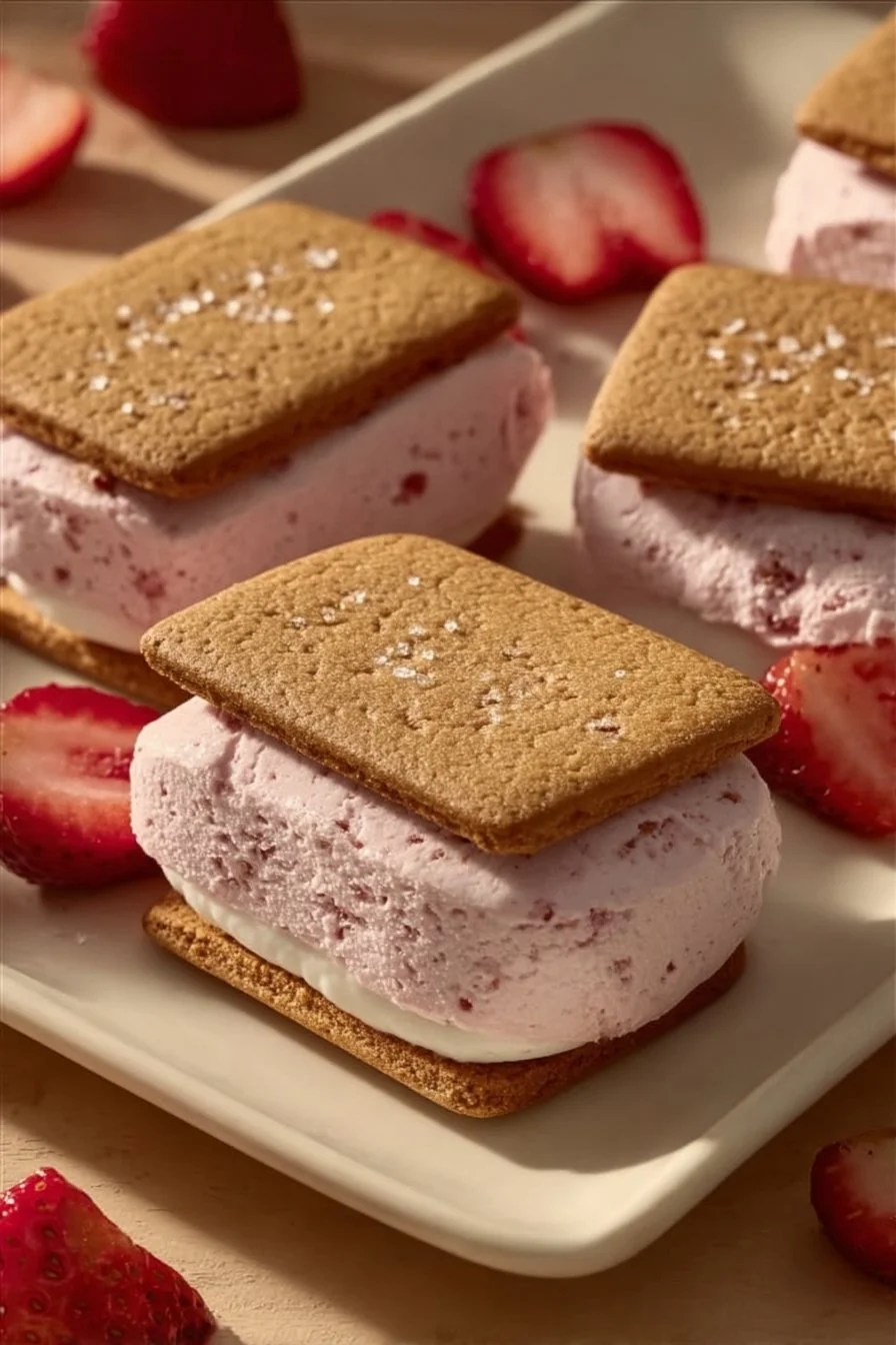 Homemade strawberry ice cream sandwiches with fresh strawberries and cookies