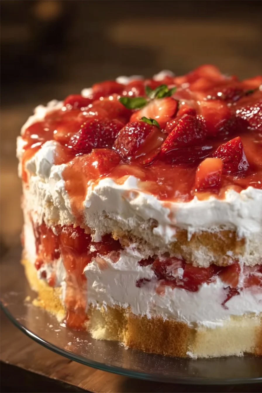 Delicious strawberry icebox shortcake with fresh fruit and whipped cream