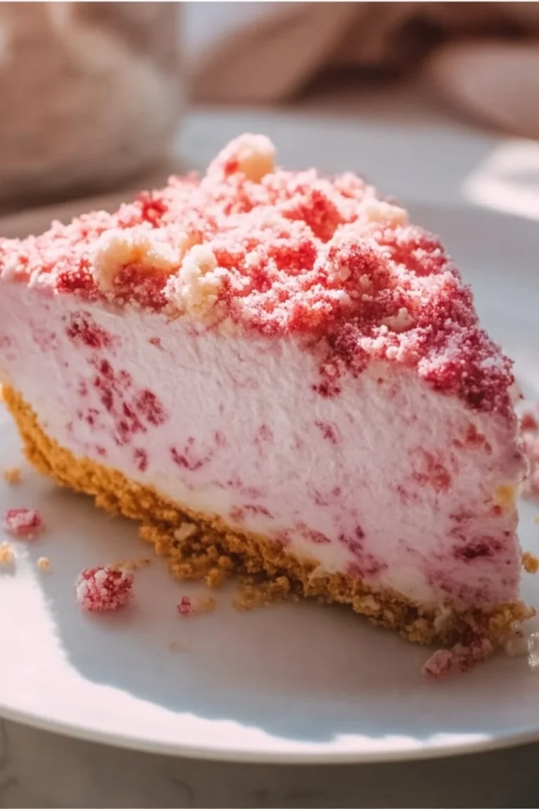 Delicious Strawberry Shortcake Freezer Pie topped with fresh strawberries and whipped cream.