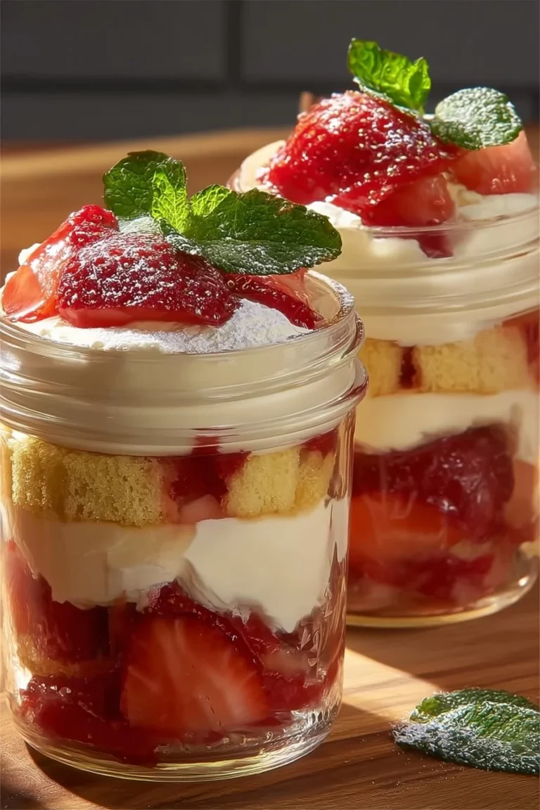 Strawberry shortcake trifle cups layered with strawberries and whipped cream