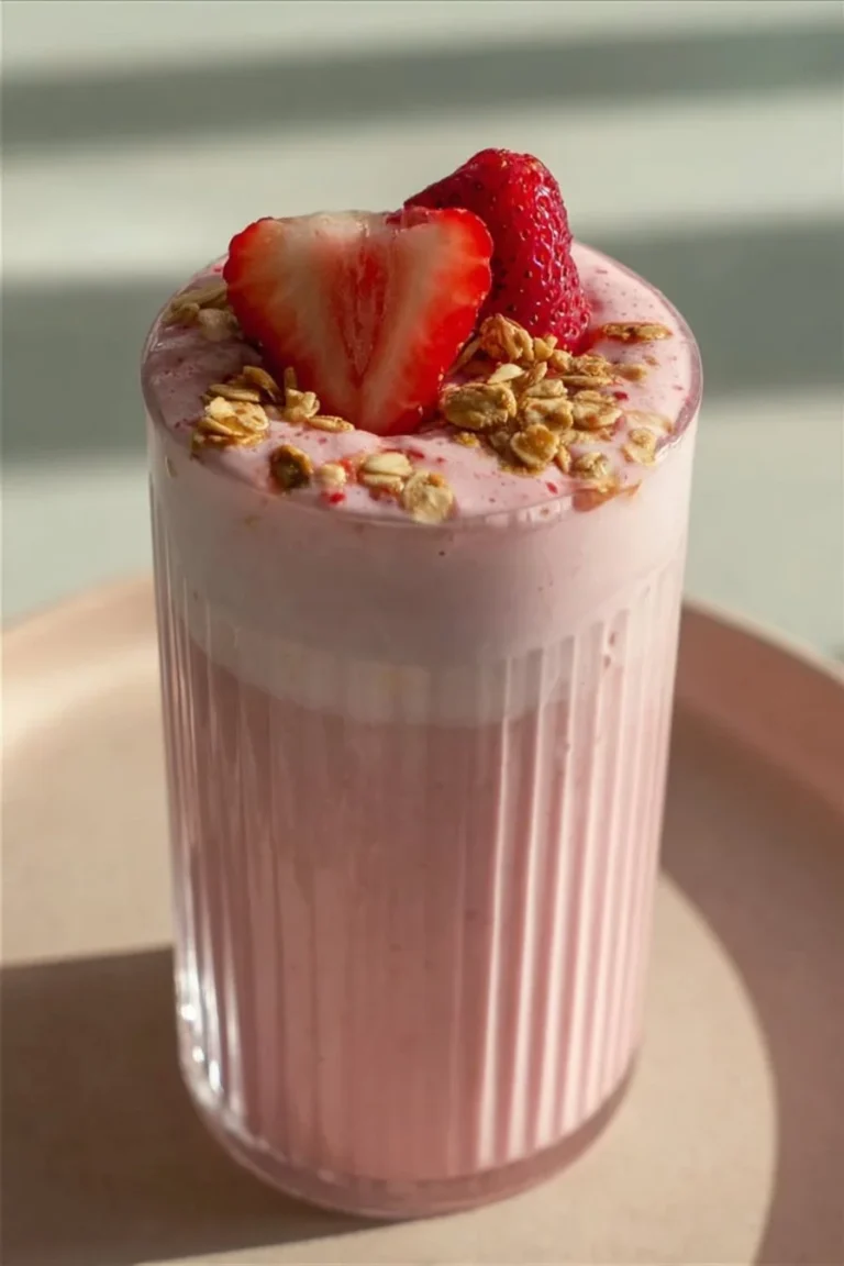 Delicious strawberry yogurt smoothie in a glass, garnished with fresh strawberries.