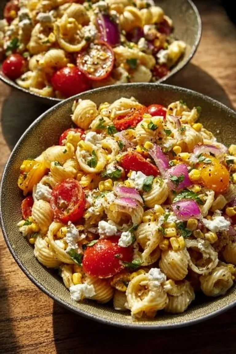 Colorful street corn pasta salad with fresh vegetables and dressing