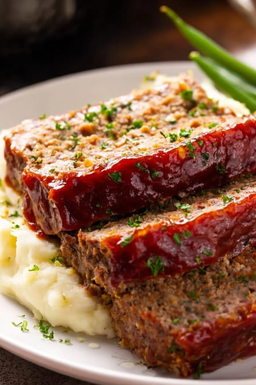 Delicious stuffed meatloaf with savory filling and garnished parsley.