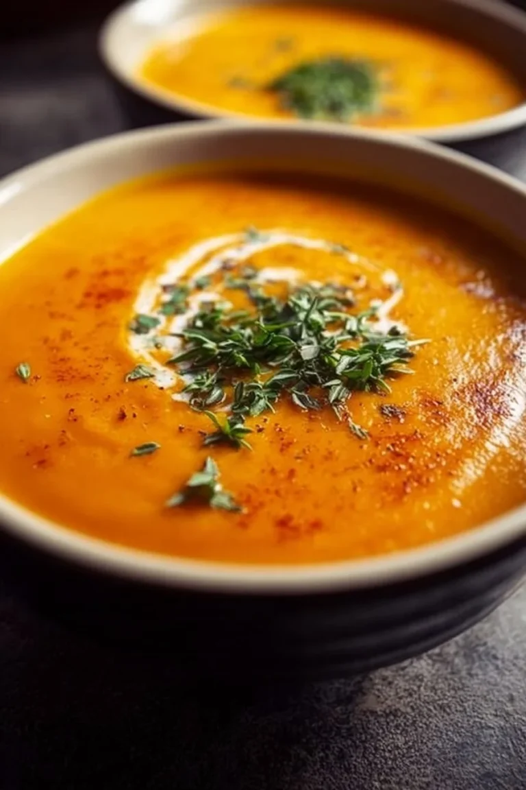 Bowl of creamy sweet potato soup with garnishes