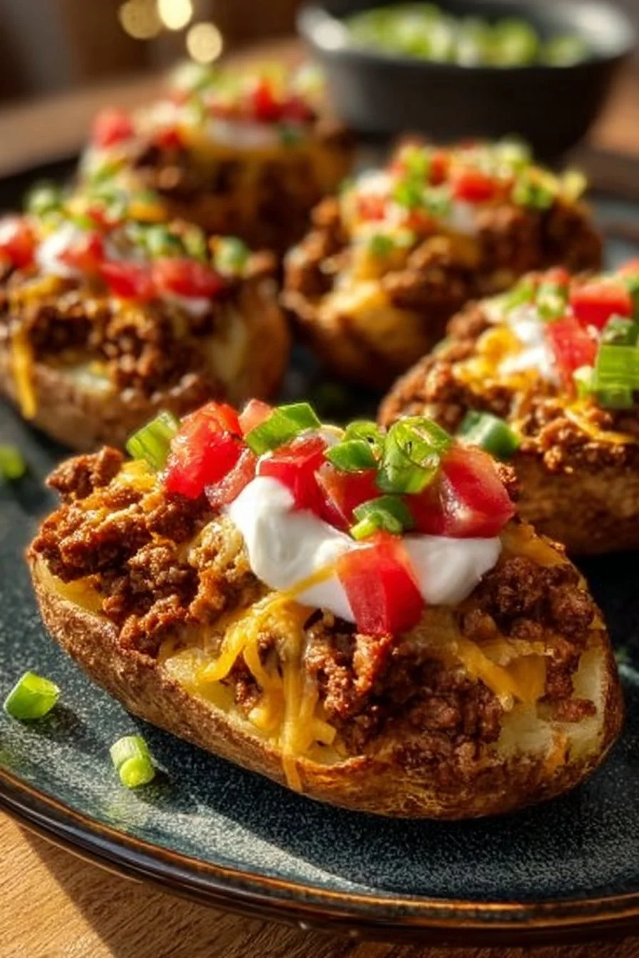 A plate of Taco Potatoes topped with cheese, lettuce, and salsa.