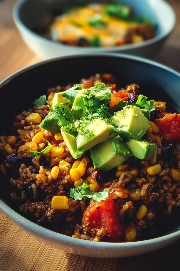 Colorful and flavorful Taco Rice Bowl topped with fresh ingredients.