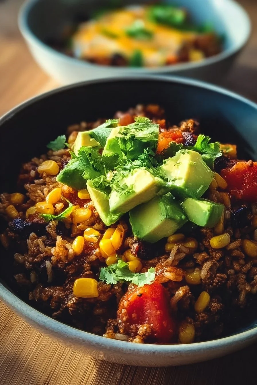 Colorful and flavorful Taco Rice Bowl topped with fresh ingredients.