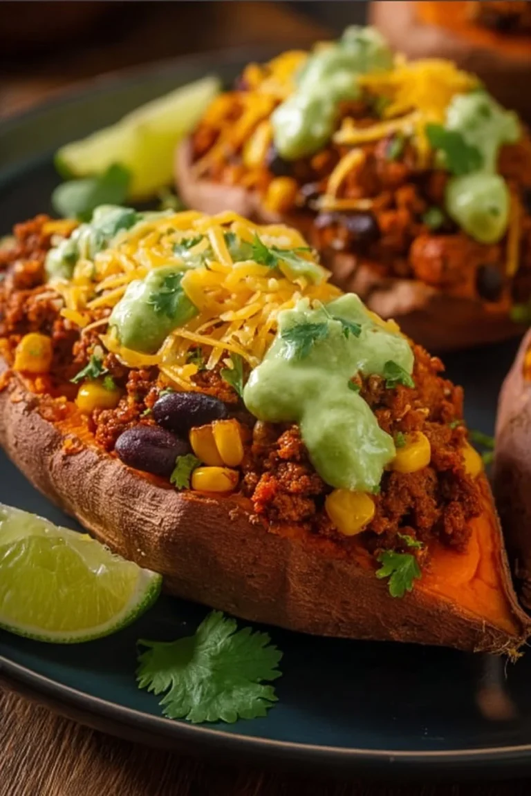 Delicious taco stuffed sweet potatoes topped with cheese and fresh ingredients