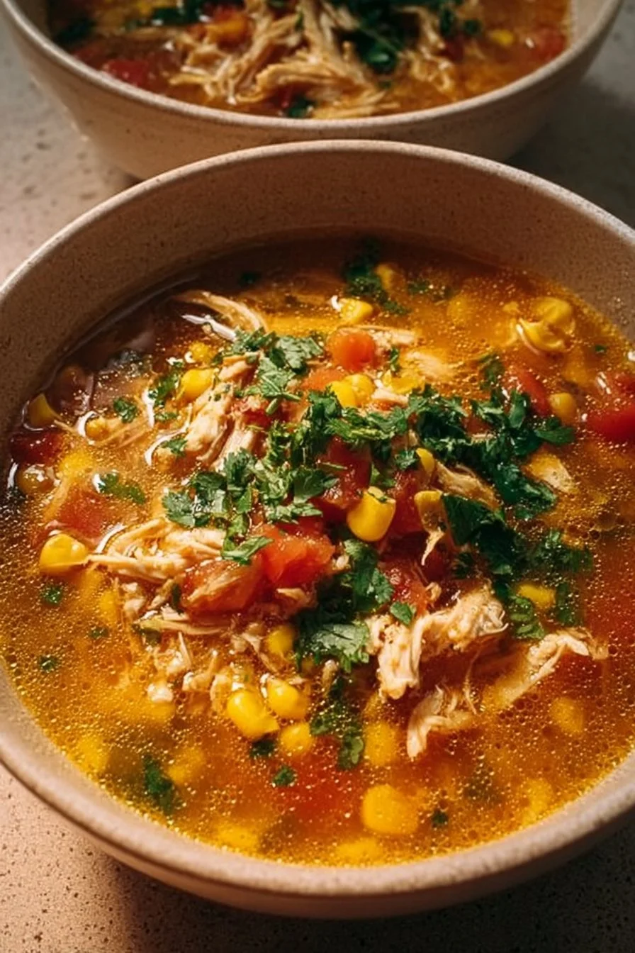 Bowl of delicious tamale soup topped with fresh cilantro and lime