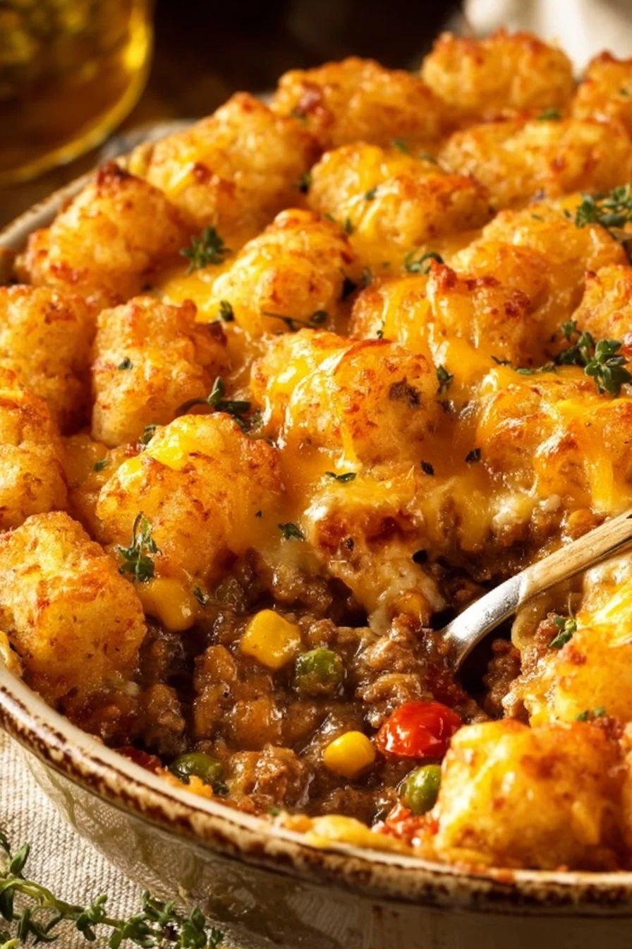 Delicious Tater Tot Casserole with Ground Beef, topped with crispy tater tots.