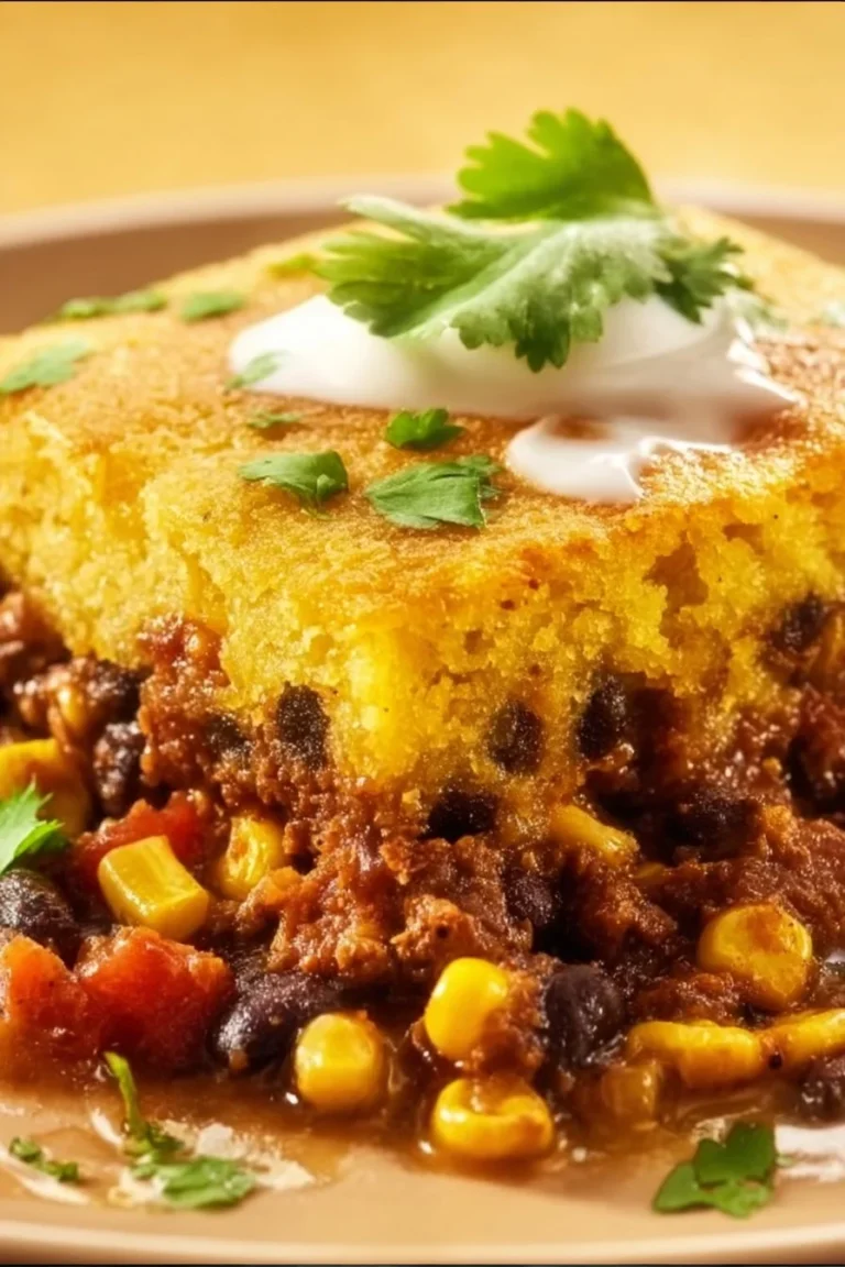 A tempting Texas Tamale Pie topped with cheese and garnished with fresh herbs.