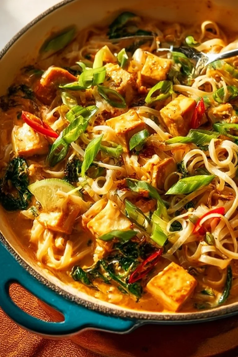 Delicious Thai Noodle Casserole topped with fresh herbs and served in a rustic dish.