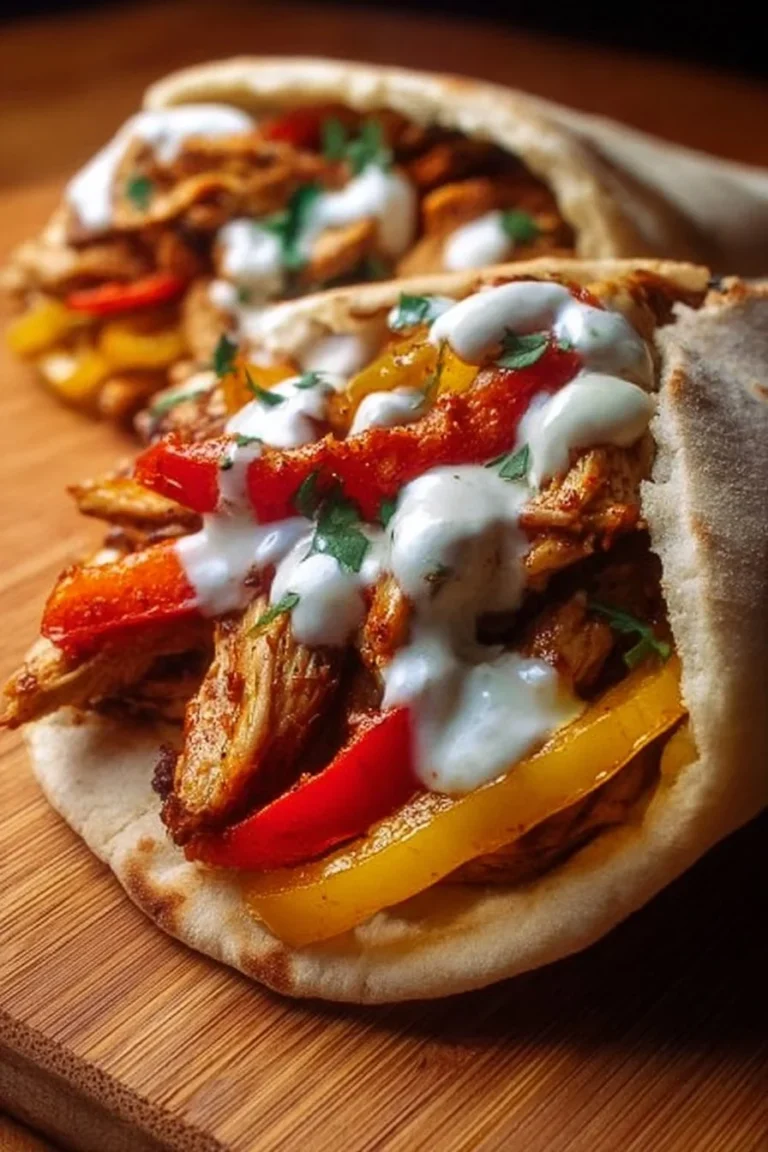 A delicious sheet pan chicken pita served with fresh vegetables and sauce.