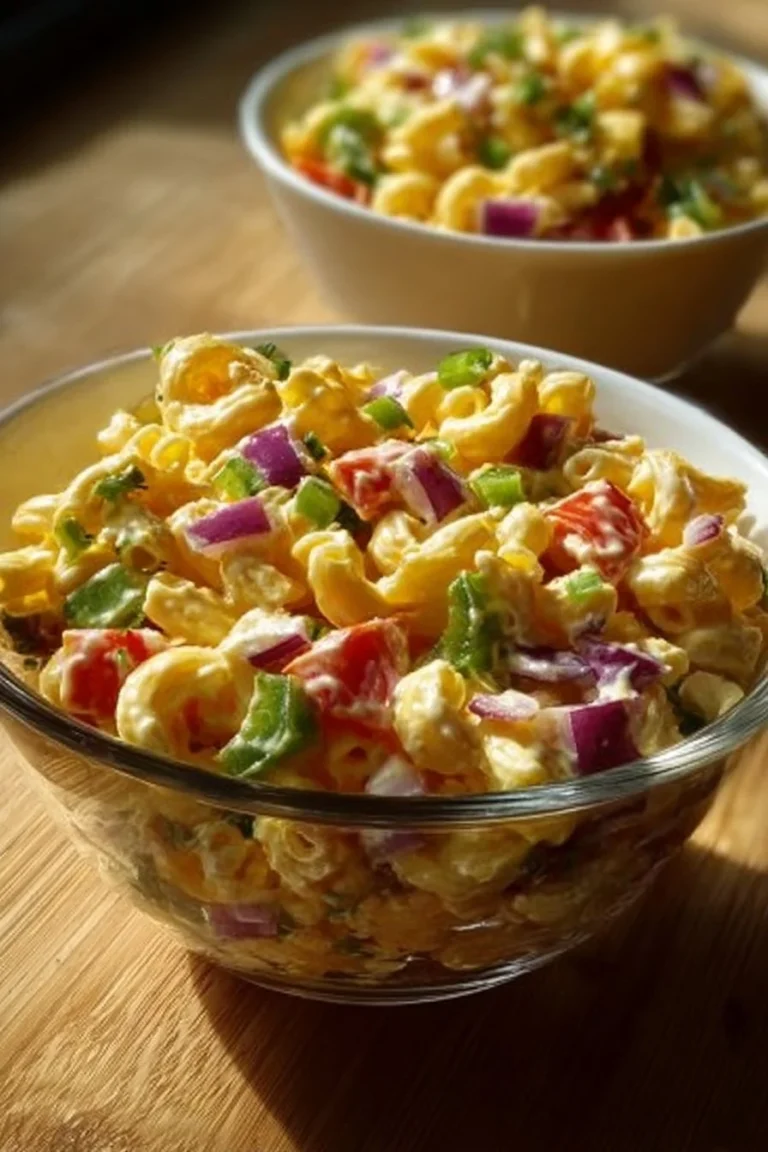 Delicious homemade macaroni salad served in a bowl with fresh vegetables