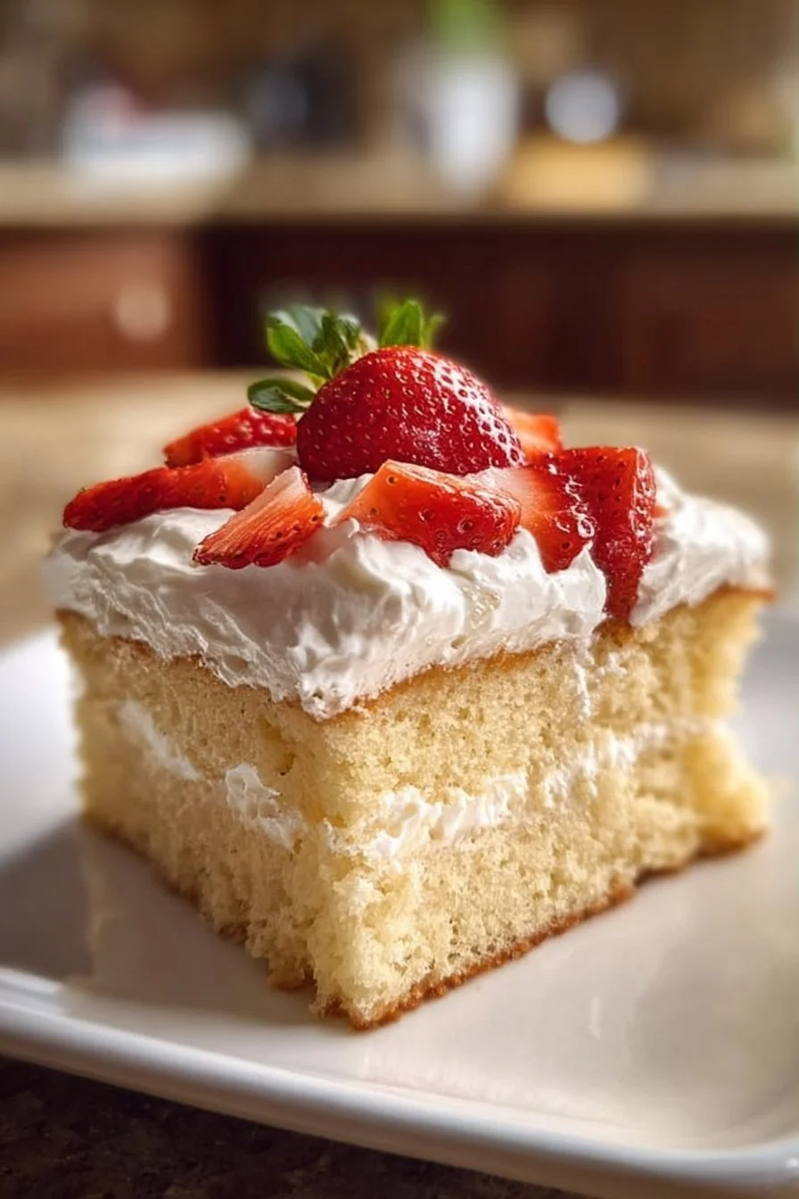 Delicious Three Milks Cake topped with cream and fresh berries