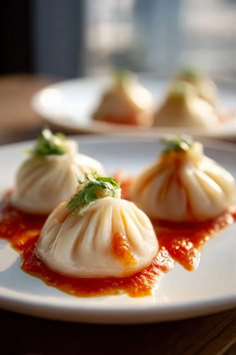 Delicious Tomato Soup Dumplings served in a bowl with fresh herbs