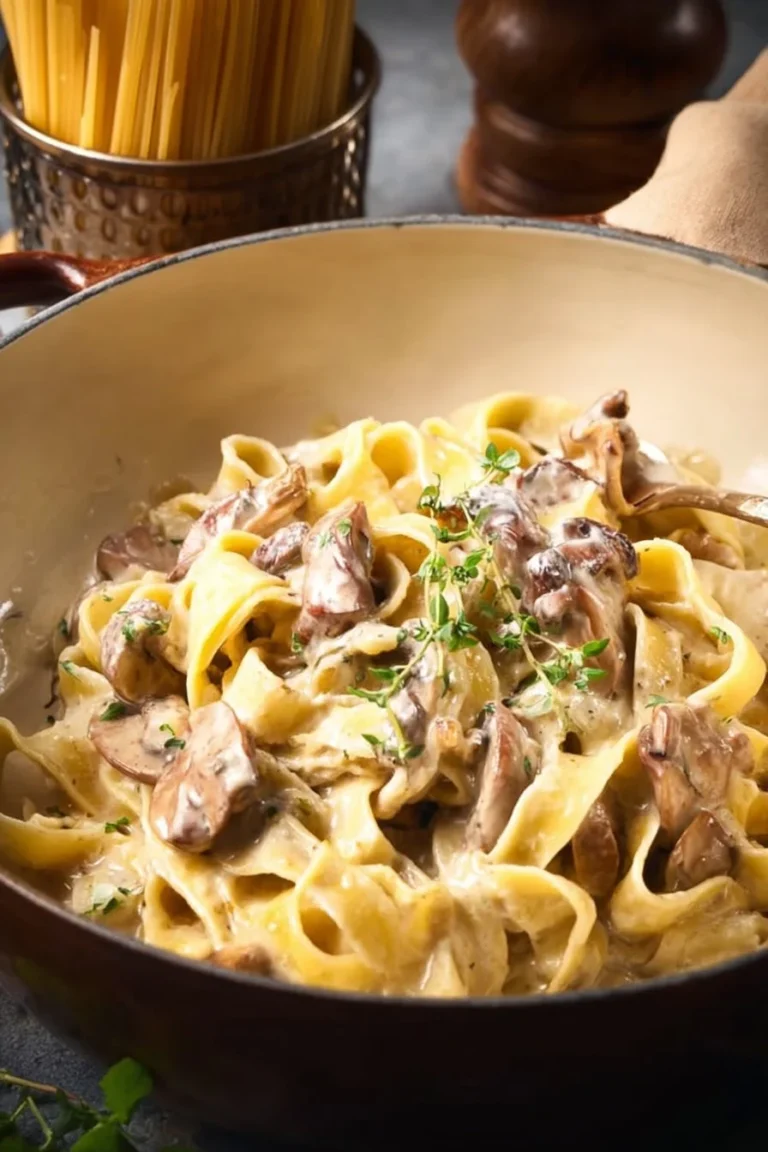 Delicious bowl of truffle pasta garnished with herbs and parmesan cheese.