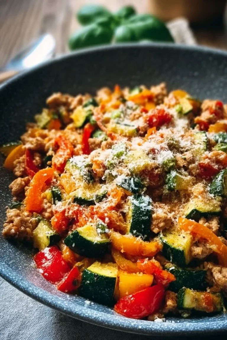 Healthy Turkey Zucchini Skillet recipe cooked in a skillet.