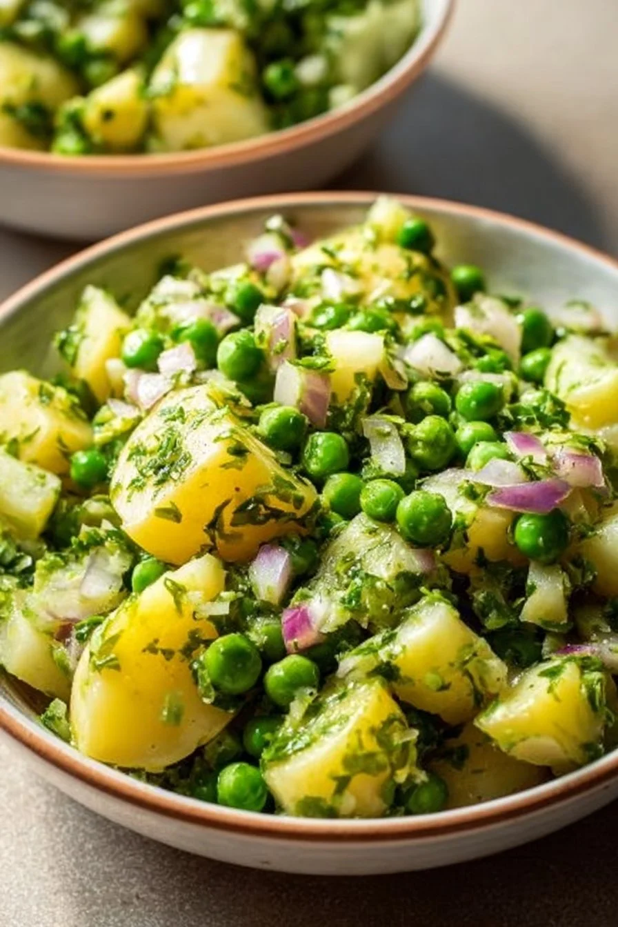 A colorful bowl of Turkish Potato Salad with fresh vegetables and herbs