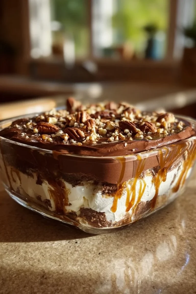 Delicious Turtle Lush Dessert with layers of chocolate, caramel, and whipped cream