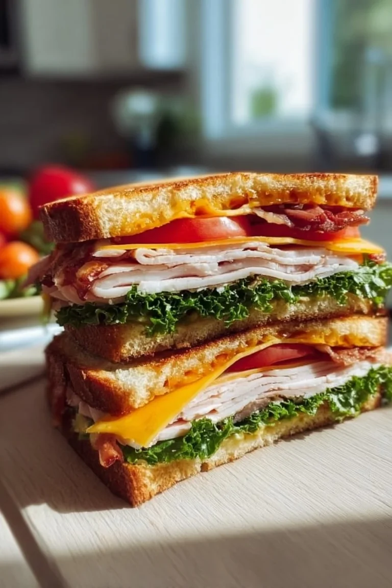 Delicious ultimate turkey sandwich with fresh ingredients on a wooden board.